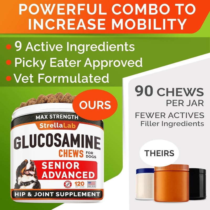 StrellaLab Senior Advanced Glucosamine Chondroitin Joint Supplement for Dogs - Hip & Joint Pain Relief Pills - Large & Small Breed - Hip Joint Chews Canine Joint Health - Chews Older Dogs - Bacon Flavor-120Ct - Image 4