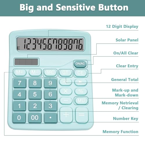 SOLDTRUE 12-Digit Desktop Calculator with Extra Large LCD Screen, Memory & Dual Power | Anti-Slip Base, Easy Big Buttons, Solar & Battery | Office Calculator (Blue) - Image 5