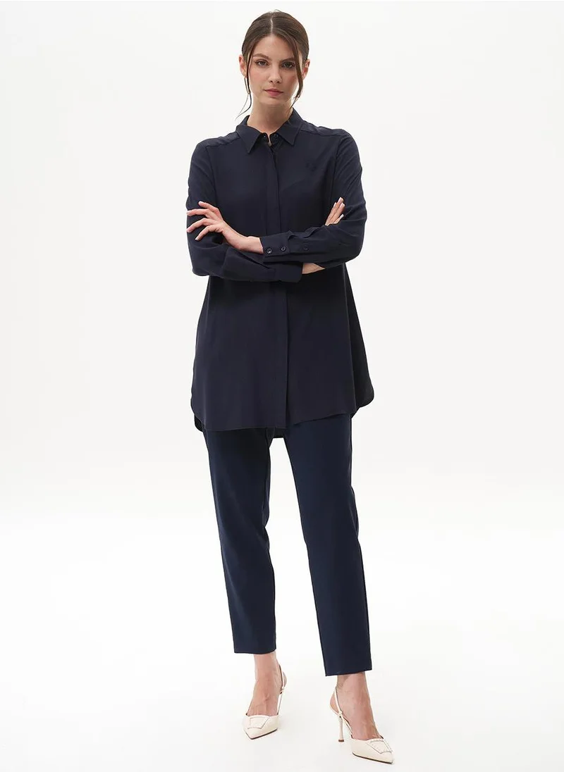 Kayra Concealed Placket Basic Tunic Navy Blue