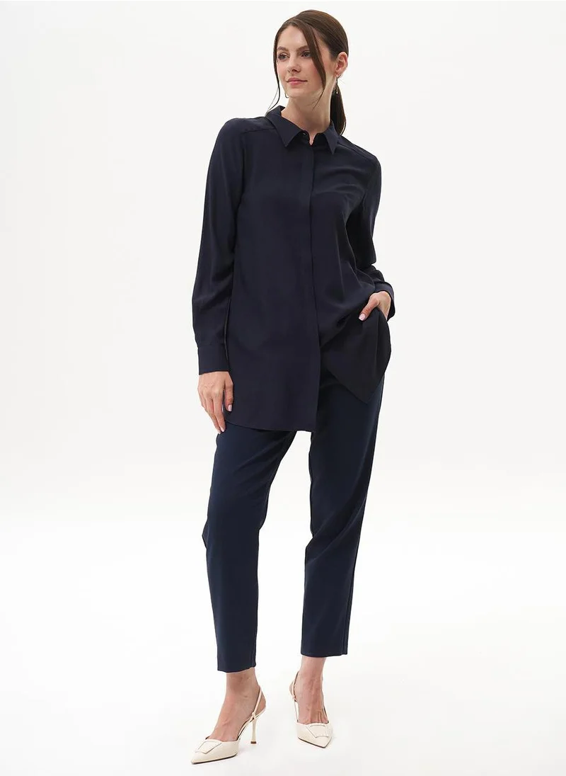 Kayra Concealed Placket Basic Tunic Navy Blue