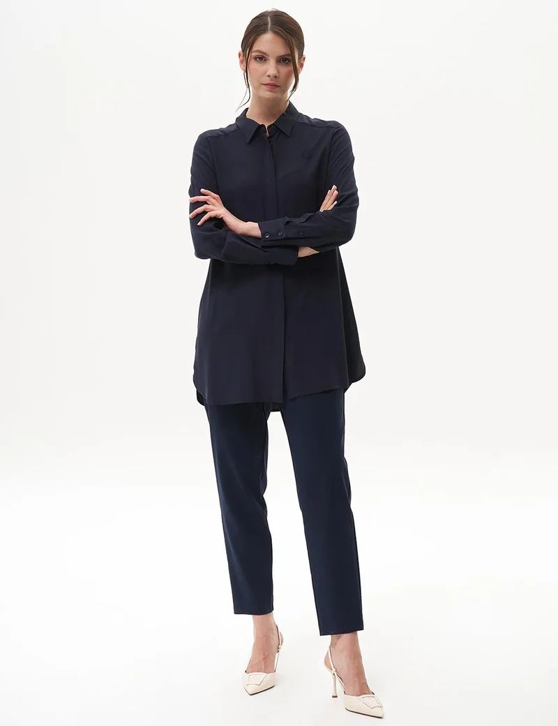 Kayra Concealed Placket Basic Tunic Navy Blue