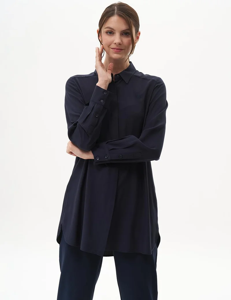 Kayra Concealed Placket Basic Tunic Navy Blue