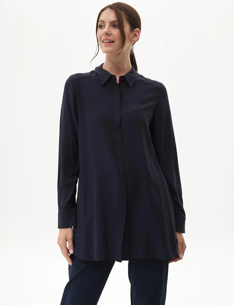 Kayra Concealed Placket Basic Tunic Navy Blue