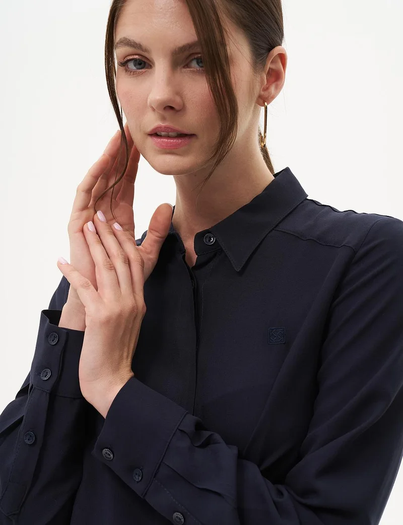 Kayra Concealed Placket Basic Tunic Navy Blue