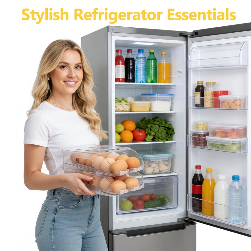 SMRCAD Egg Holder for Fridge, Automatic Steady Rolling Egg Container with Soft Bumpers & Handle for Refrigerator, Stackable Fridge Organizers and Storage with Lid - Image 5