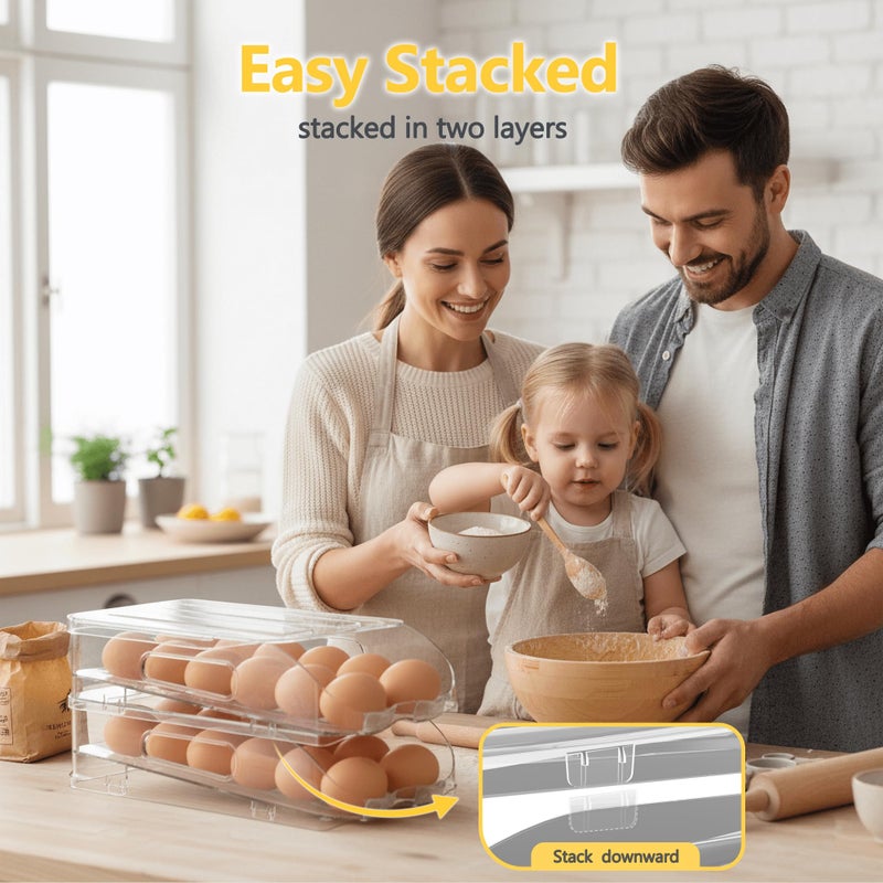 SMRCAD Egg Holder for Fridge, Automatic Steady Rolling Egg Container with Soft Bumpers & Handle for Refrigerator, Stackable Fridge Organizers and Storage with Lid - Image 4