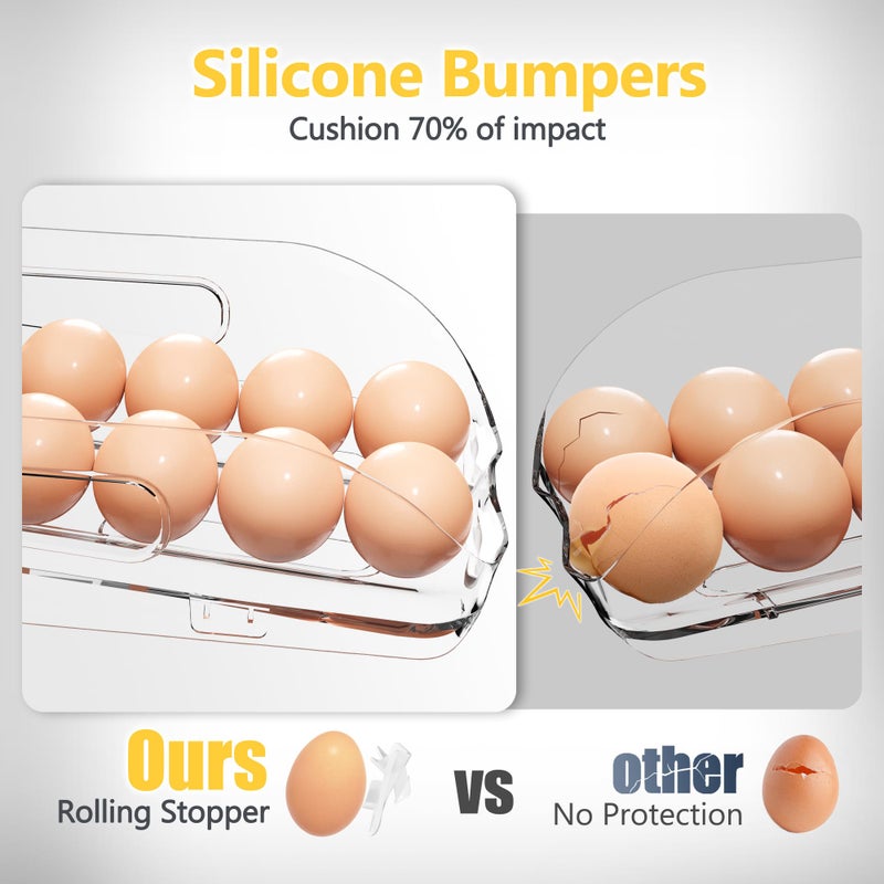 SMRCAD Egg Holder for Fridge, Automatic Steady Rolling Egg Container with Soft Bumpers & Handle for Refrigerator, Stackable Fridge Organizers and Storage with Lid - Image 3