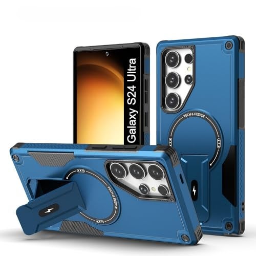 US LITE Back Cover for Samsung Galaxy S24 Ultra with Portable Kickstand | Mag-Safe Compatible Magnetic Case | Shockproof Military Grade Protection | Extreme Protection Phone Cover – Blue - Image 1