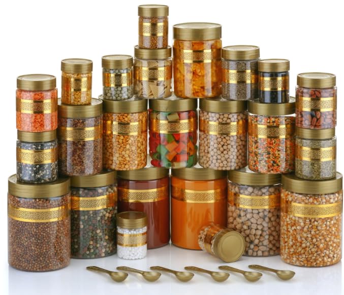 Qshare Kitchen Storage Containers - Transparent Storage Organiser Jar Set with lids & Spoons For Kitchen Pantry, 1200ml, 650ml, 350ml & 250ml Dabba for Snacks, Grains, Dry Fruits (Gold, Set of 24pc) - Image 2