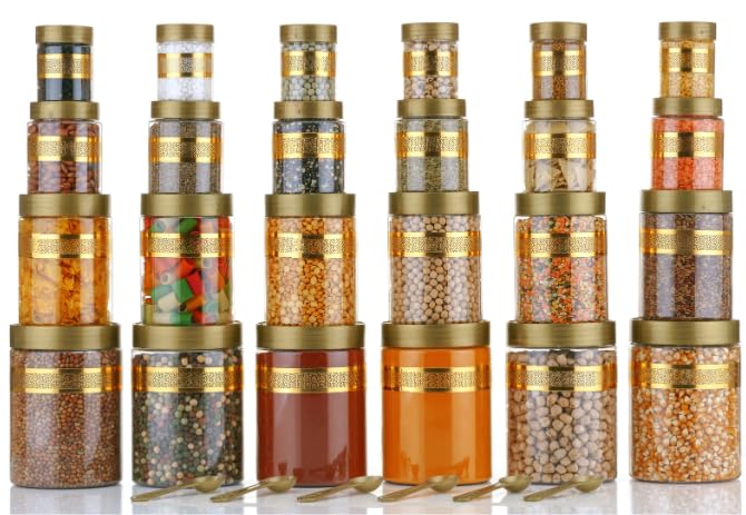 Qshare Kitchen Storage Containers - Transparent Storage Organiser Jar Set with lids & Spoons For Kitchen Pantry, 1200ml, 650ml, 350ml & 250ml Dabba for Snacks, Grains, Dry Fruits (Gold, Set of 24pc) - Image 5