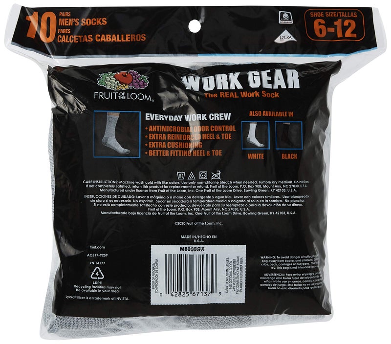 Fruit of the Loom Men's 10 Pack Everyday Work Crew Socks, Grey, Shoe Size: 6-12 (Sock Size: 10-13) - Image 3