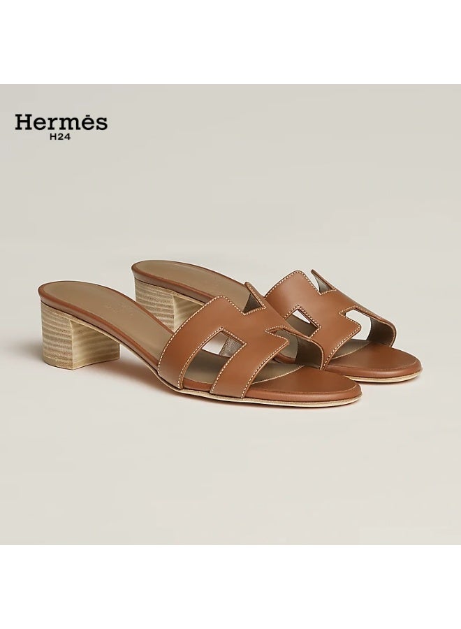 Hermes H24 Oasis Calfskin Chunky-Heeled Ankle-Strap 5cm Sandals for Women Summer, Brown H - Image 1