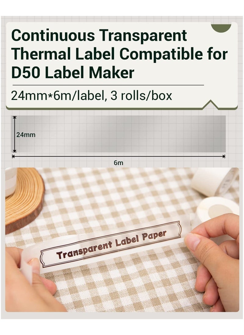 phomemo - 3 Rolls Multi-Purpose Continuous Self-Adhesive Label for D50 Label Printer, 24mm*6m (Transparent) - Image 1