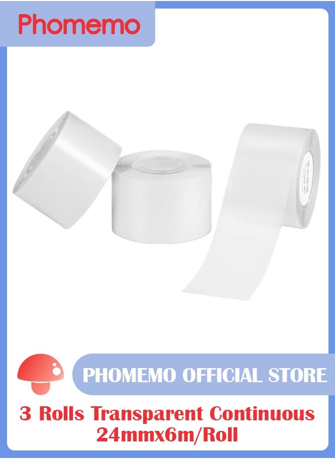 phomemo - 3 Rolls Multi-Purpose Continuous Self-Adhesive Label for D50 Label Printer, 24mm*6m (Transparent) - Image 1