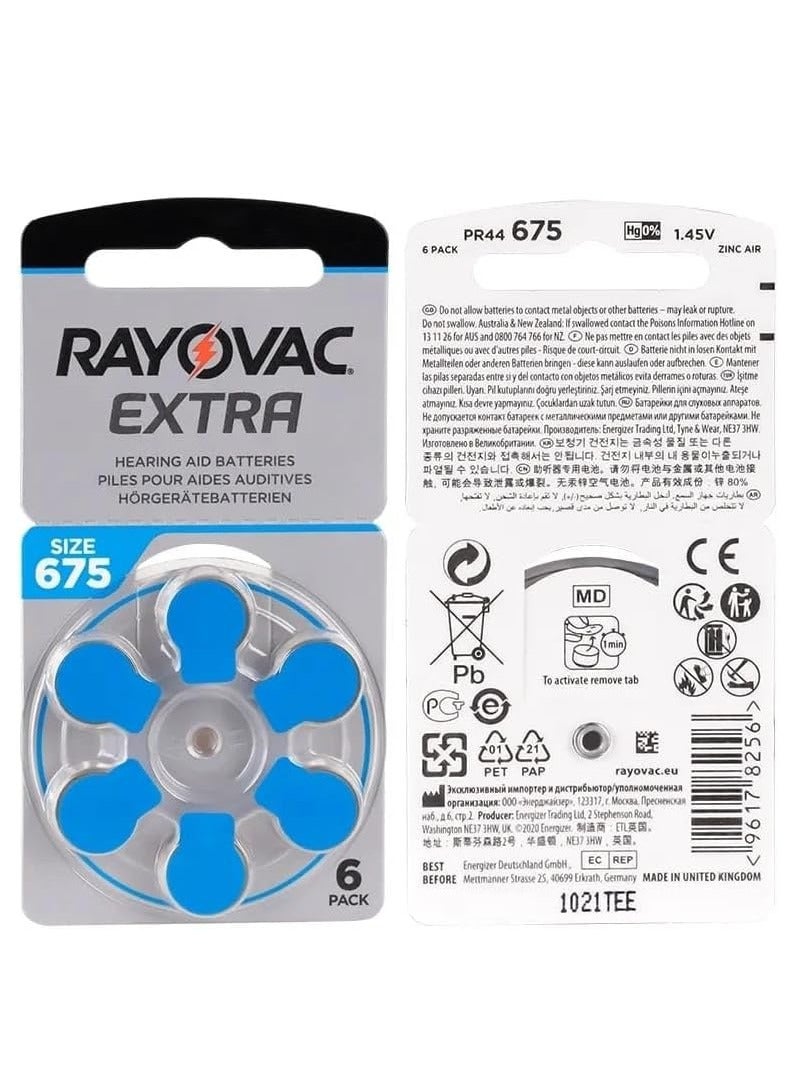 Rayovac EXTRA Peak Performance Hearing Aid Batteries - 6 Count (EXTRA, Size 675) made in united kingdom - Image 2