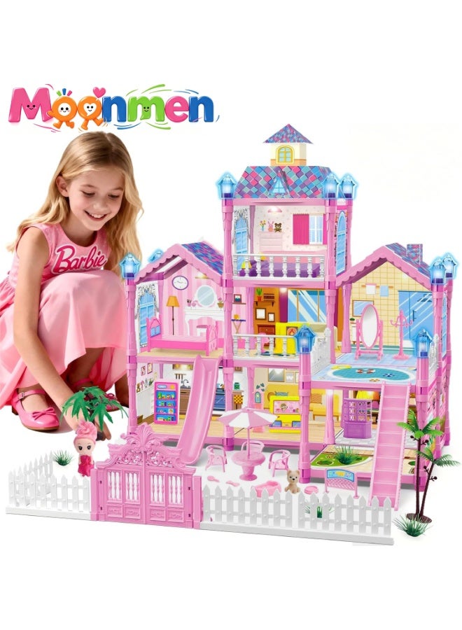Moonmen Doll House Pretend Toys for Girls, 3 Floors Dollhouse- 8 Rooms Villa, 215 Accessories Includes Dog and Furnitures,  Playhouse DIY Building Kids Gift for 3 + Year Old - Image 1
