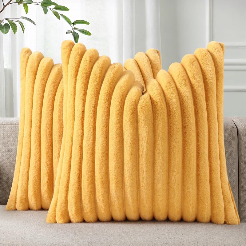 Pallene Faux Fur Plush Throw Pillow Covers 26x26 Set of 2, Luxury Soft Fluffy Striped Decorative Pillow Covers for Sofa, Couch, Living Room, Mustard Yellow - Image 1