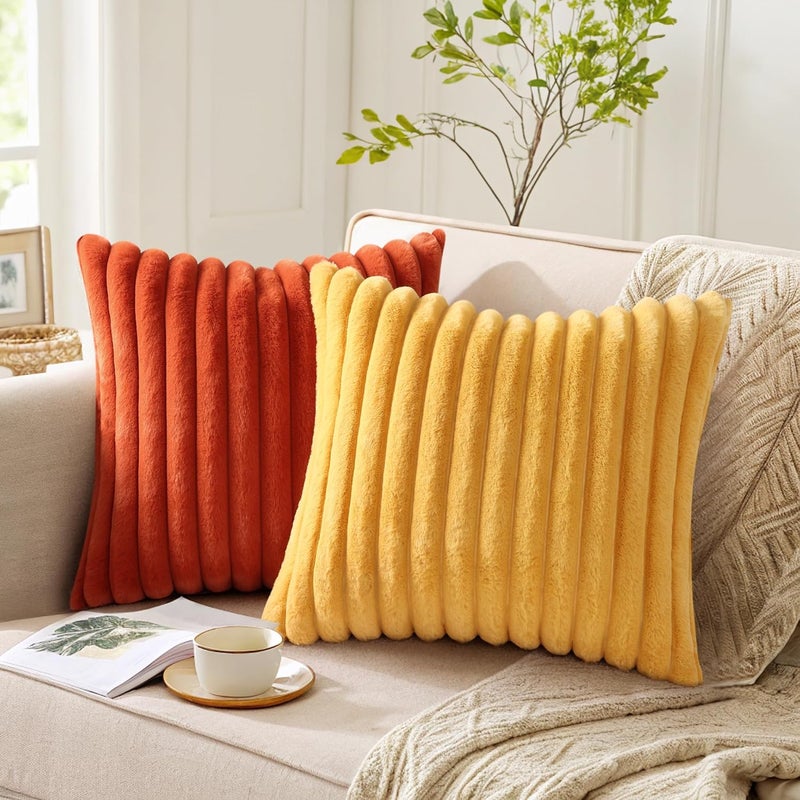 Pallene Faux Fur Plush Throw Pillow Covers 26x26 Set of 2, Luxury Soft Fluffy Striped Decorative Pillow Covers for Sofa, Couch, Living Room, Mustard Yellow - Image 5