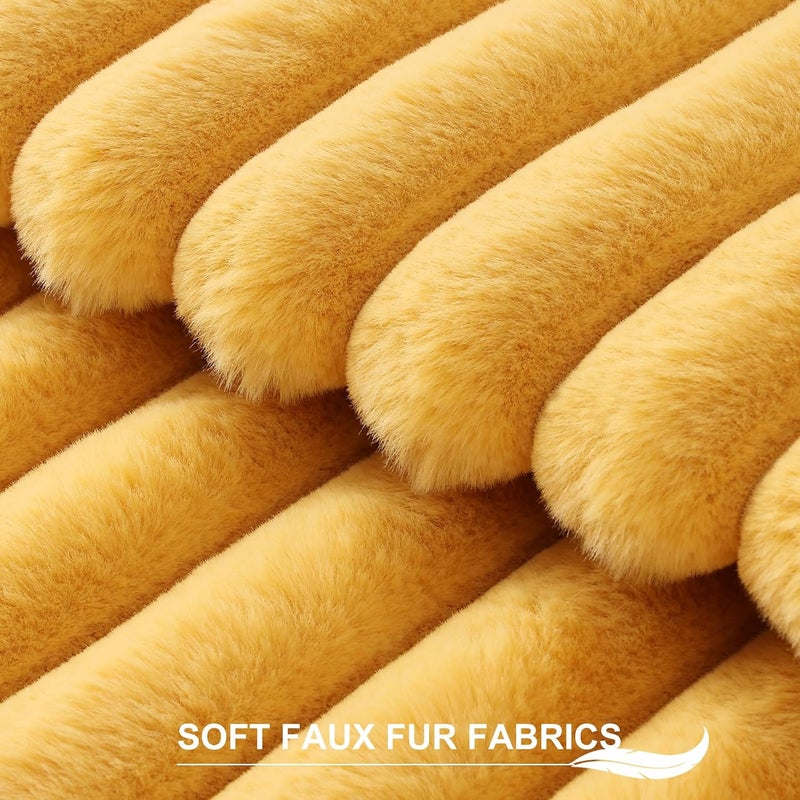 Pallene Faux Fur Plush Throw Pillow Covers 26x26 Set of 2, Luxury Soft Fluffy Striped Decorative Pillow Covers for Sofa, Couch, Living Room, Mustard Yellow - Image 2