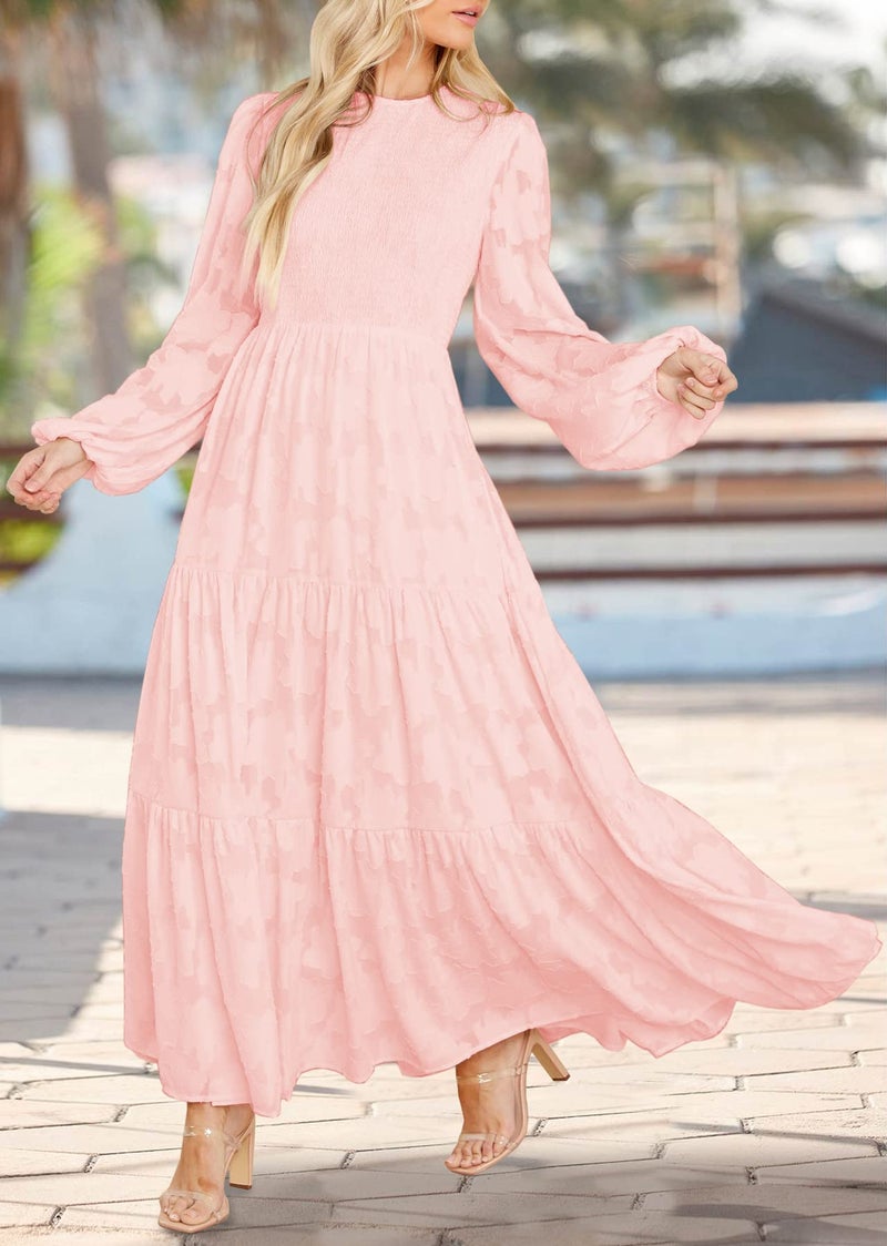 MITILLY Women's Elegant Floral Long Sleeve Round Neck Smocked A-Line Flowy Tiered Maxi Dress with Pockets Large Pink - Image 4