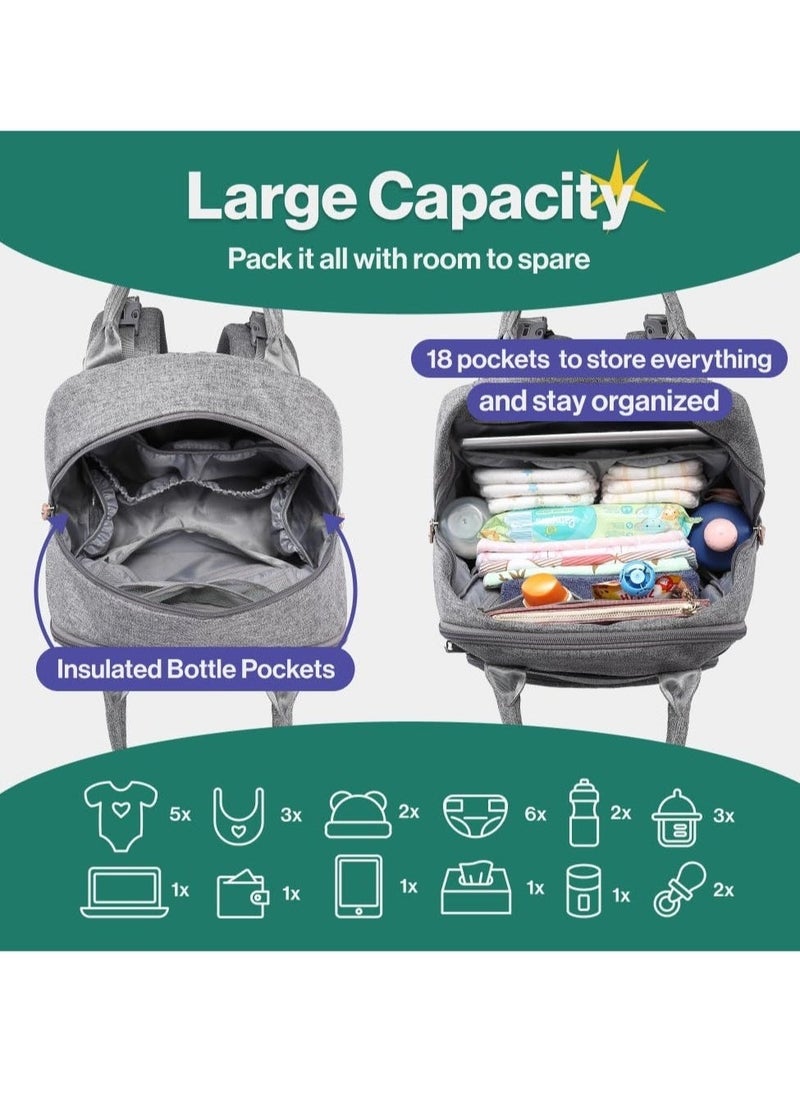BabbleRoo Multifunctional Waterproof Diaper Bag, Essential Travel Baby Tote with Changing Pad, Baby Carrier and Pacifier Cover - Unisex, Dark Grey - Image 3