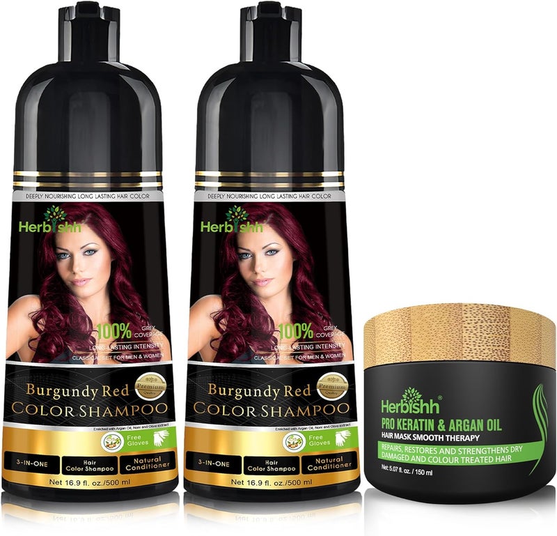 Herbishh Combo Pack - 2Pcs Burgundy Red Hair Color Shampoo 500 ml + 1Pc Argan Intense Hair Mask 150 ml - Image 1
