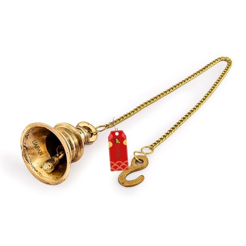 UAPAN Brass Gold Wall Hanging Bell with Chain and Hanging Hook for Home Mandir Temple Decorative I Puja Room (Pack of 2 Nos) (4 inch) - Image 3
