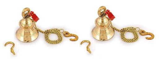 UAPAN Brass Gold Wall Hanging Bell with Chain and Hanging Hook for Home Mandir Temple Decorative I Puja Room (Pack of 2 Nos) (4 inch) - Image 5