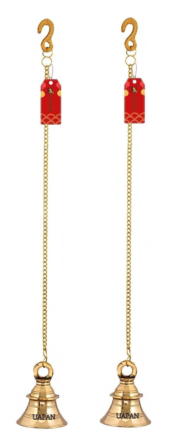 UAPAN Brass Gold Wall Hanging Bell with Chain and Hanging Hook for Home Mandir Temple Decorative I Puja Room (Pack of 2 Nos) (4 inch) - Image 2
