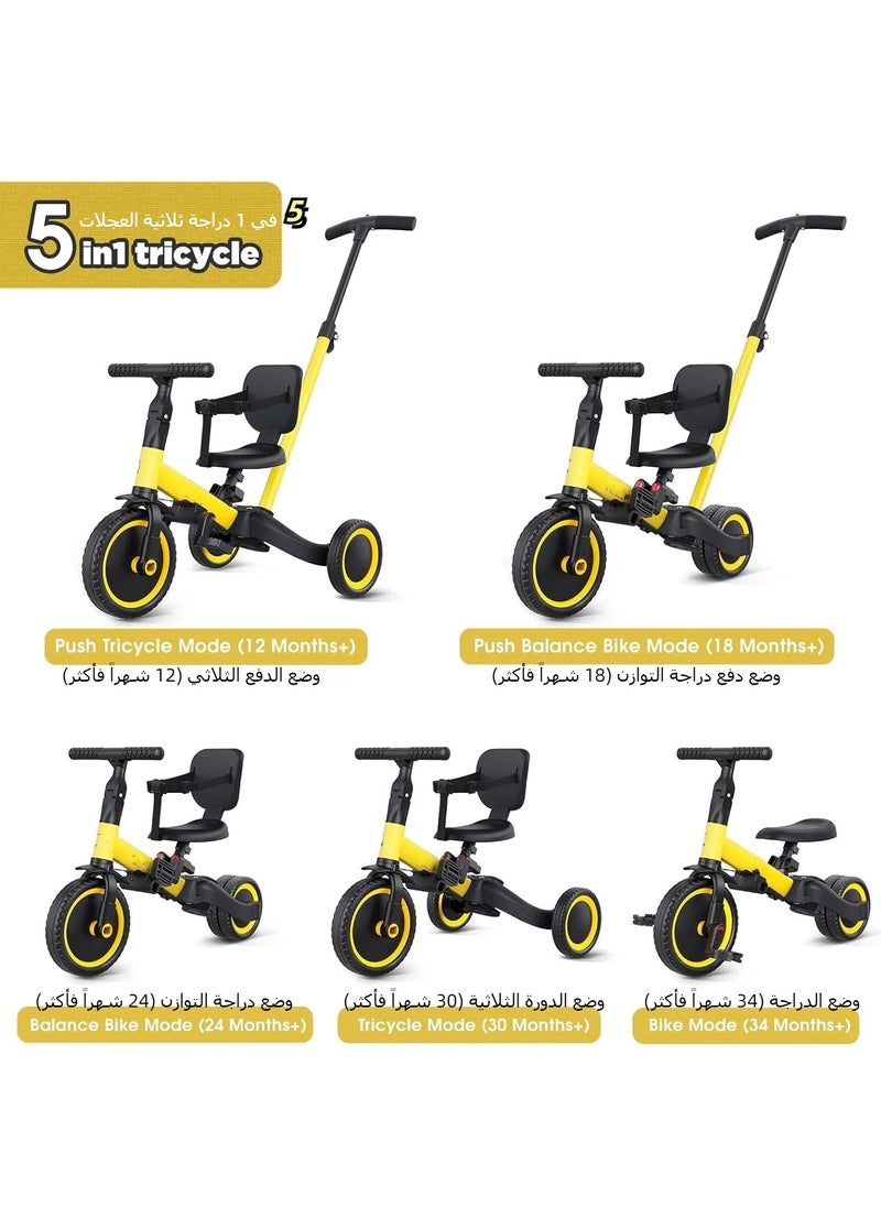 XICEN 5 in 1 Kids Tricycle Toddler Pram with Removable Push Handle & Pedals & Adjustable Seat, Balance Bike with Backrest & Safety Belt, Folding Trike Trolley Bike for Children  - Image 2