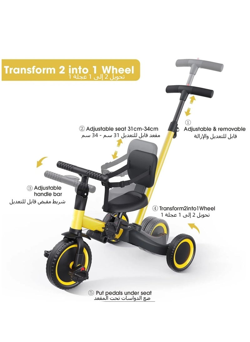 XICEN 5 in 1 Kids Tricycle Toddler Pram with Removable Push Handle & Pedals & Adjustable Seat, Balance Bike with Backrest & Safety Belt, Folding Trike Trolley Bike for Children  - Image 3