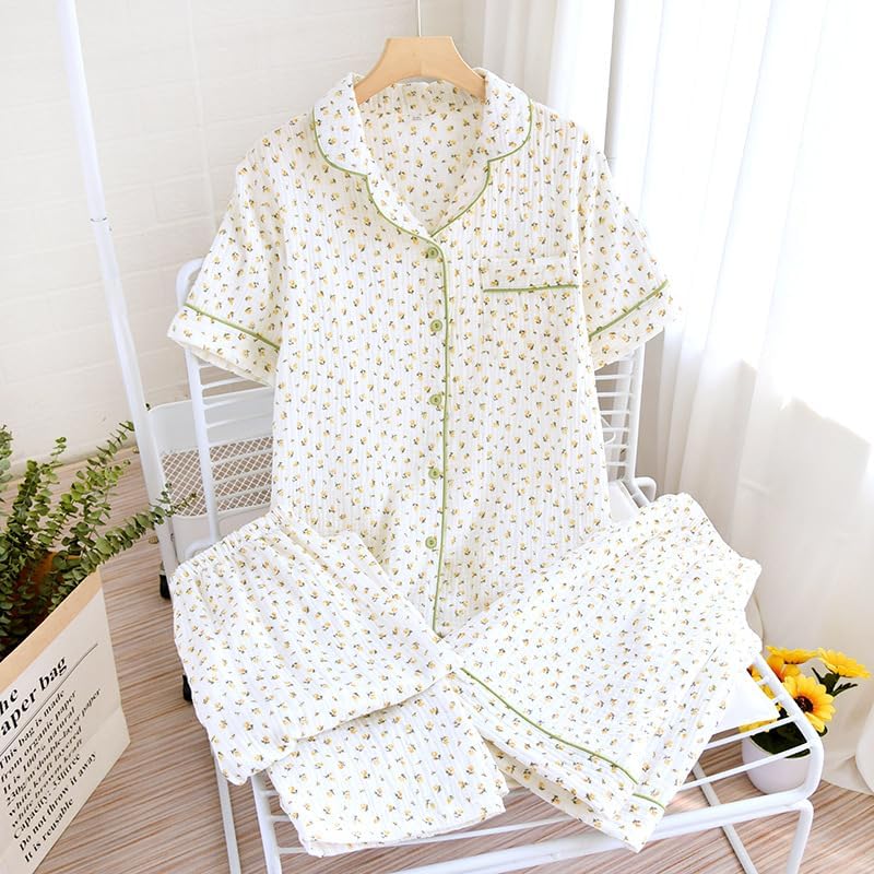 codcm Womens 3pcs Cotton Pajamas Set Short Sleeve Sleepwear Fruit Print Cute Pj Set with Long Pants(Flower02,XX-Large) - Image 2