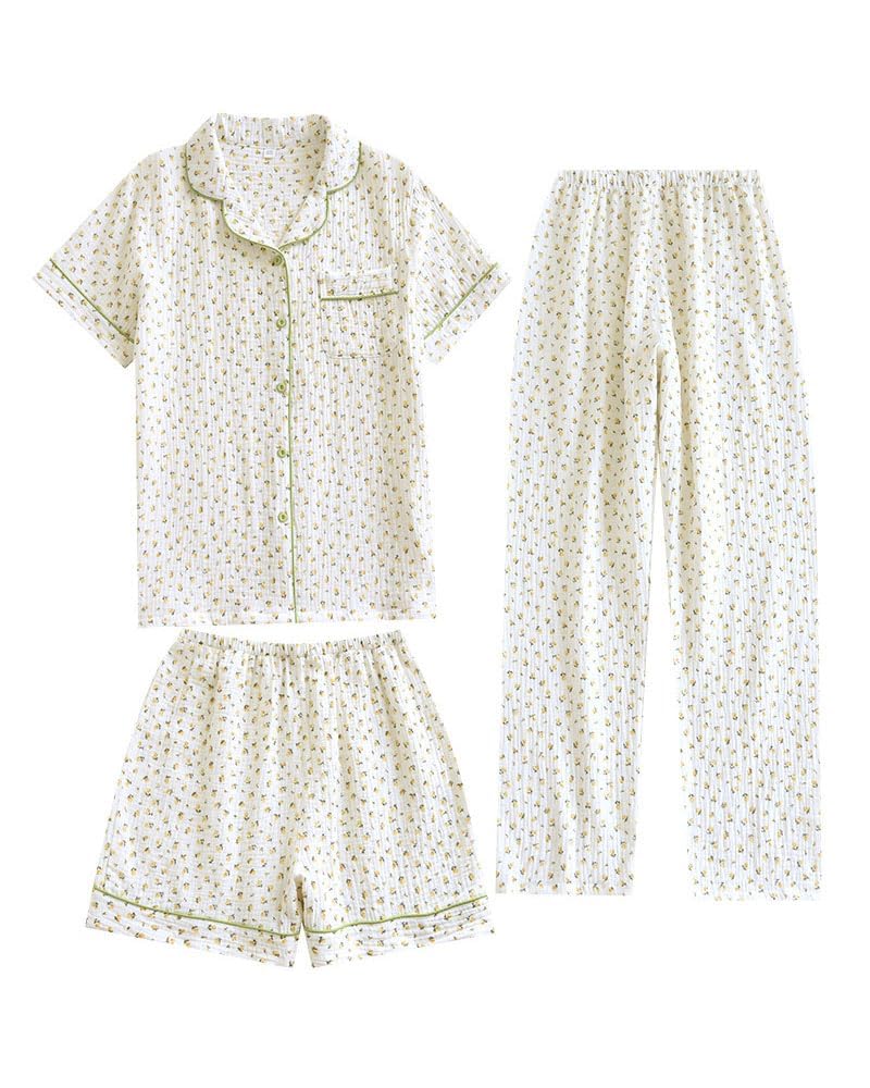 codcm Womens 3pcs Cotton Pajamas Set Short Sleeve Sleepwear Fruit Print Cute Pj Set with Long Pants(Flower02,XX-Large) - Image 1