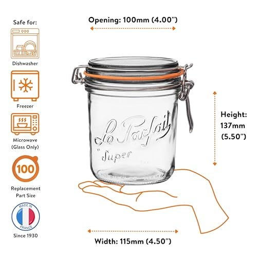 Le Parfait Super Terrine - 750ml French Glass Canning Jar w/Straight Body, Airtight Rubber Seal & Glass Lid, 24oz/Pint & Half (Single Jar) - Image 5
