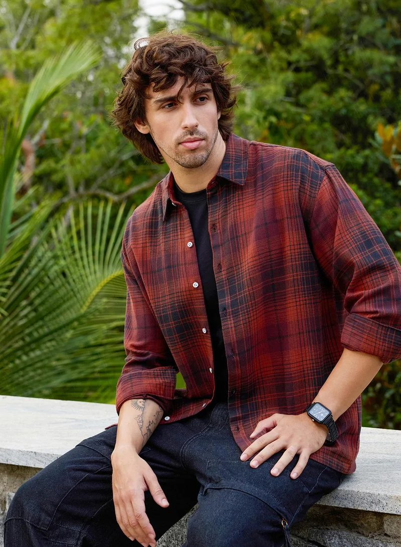 CAHOOT Men's Red-Check Checkered Regular Shirt For Casual Wear | Collared Neck | Long Sleeve | Button Closure | Cotton Blend Shirt Crafted With Comfort Fit For Everyday Wear