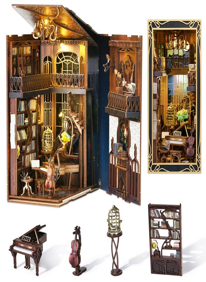 CCCDF Book Nook Kit, DIY Miniature Dollhouse Booknook Kit, 3D Wooden Puzzle Bookend Bookshelf Insert Decor with LED Light for Teens and Adults (Pianist with Nightingale) - Image 1