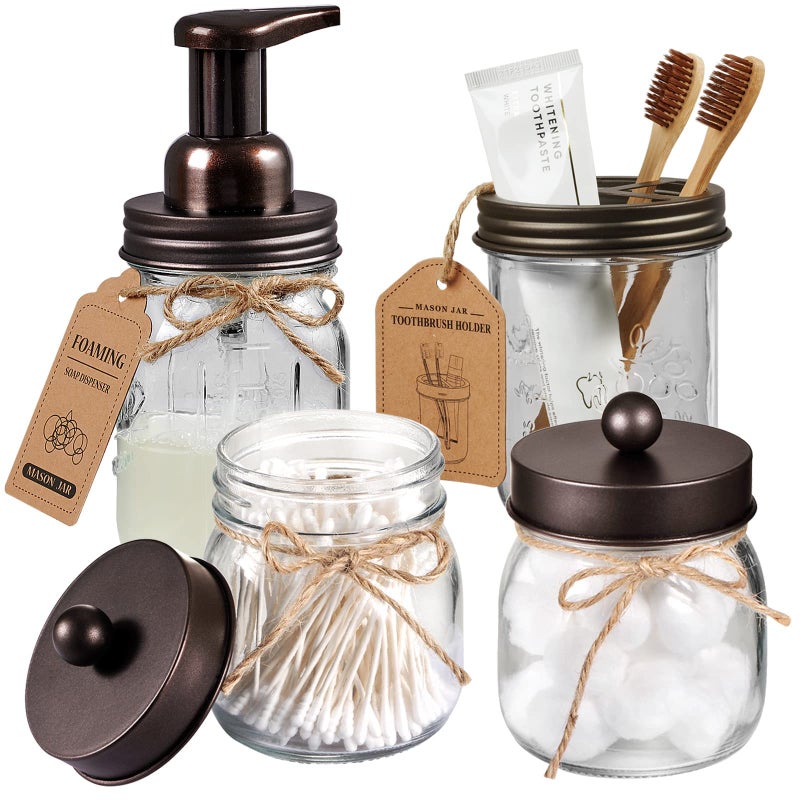 Amolliar Mason Jar Bathroom Accessories Set 4 Pack  Foaming Soap Dispenser2 Qtip HoldersToothbrush HolderRustic Farmhouse Decor Bathroom Organizer Apothecary Jar Country Countertop Bronze
