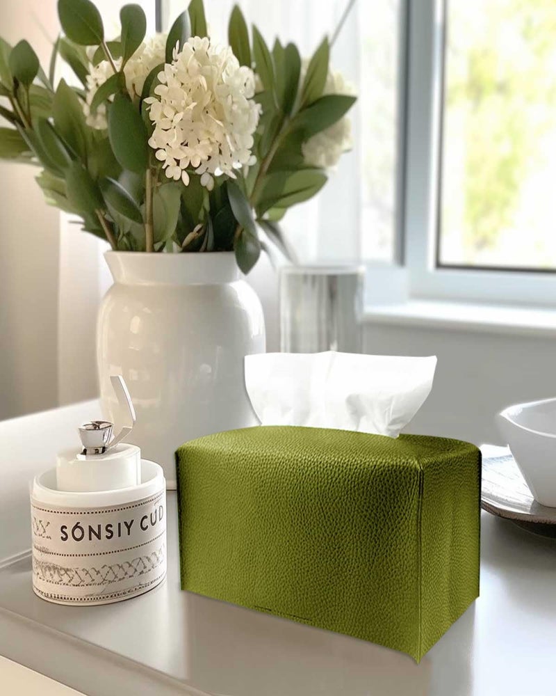 JESMINI Rectangle Tissue Box Cover Green - Normal Size Leather Rectangular Tissue Box Cover [JESMINI] Faux Leather Tissue Box Holder Long for Normal Rectangular Facial Tissue Box - Image 4