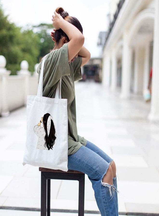 Clapcart Reusable Zipper Tote Bag for Women/Girls | Multipurpose 100% Organic Cotton Printed Tote Bags | Shopping/Grocery Bags | Sturdy Canvas Bag with 12kgs Capacity (Stylish Cartoon Girl Print) - Image 3