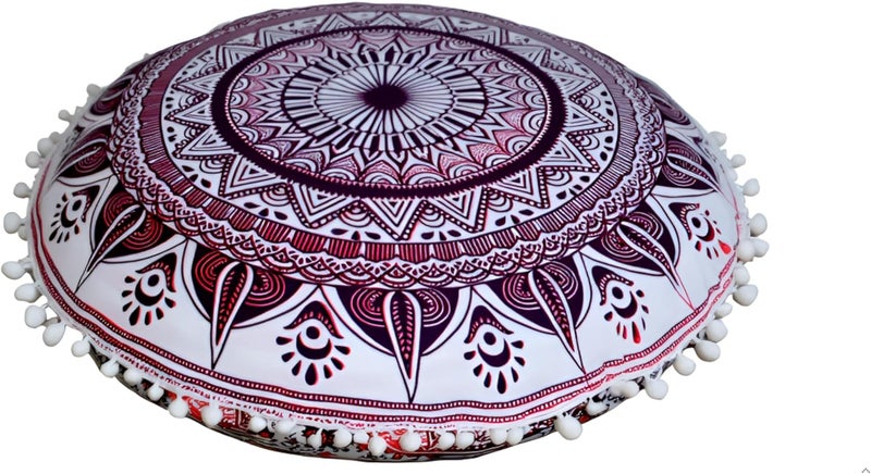 CRAFT KALA غطاء وسادة أرضية ماندالا بوهو وردي مع رمز تريشول من CRAFT KALA، مقاس 22 × 22 × 2 بوصة، حشوة قطن، مستدير، بوهو شيك، للاستخدام الداخلي - Image 1