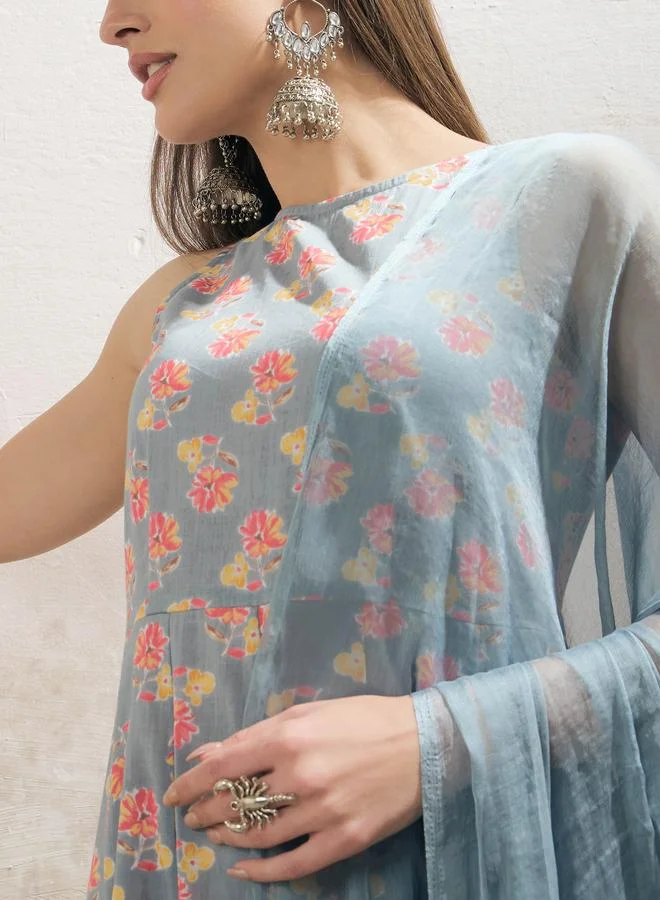 SASSAFRAS SASSAFRAS Grey Floral Sleeveless Kurta with Pencil Pants and Dupatta Set