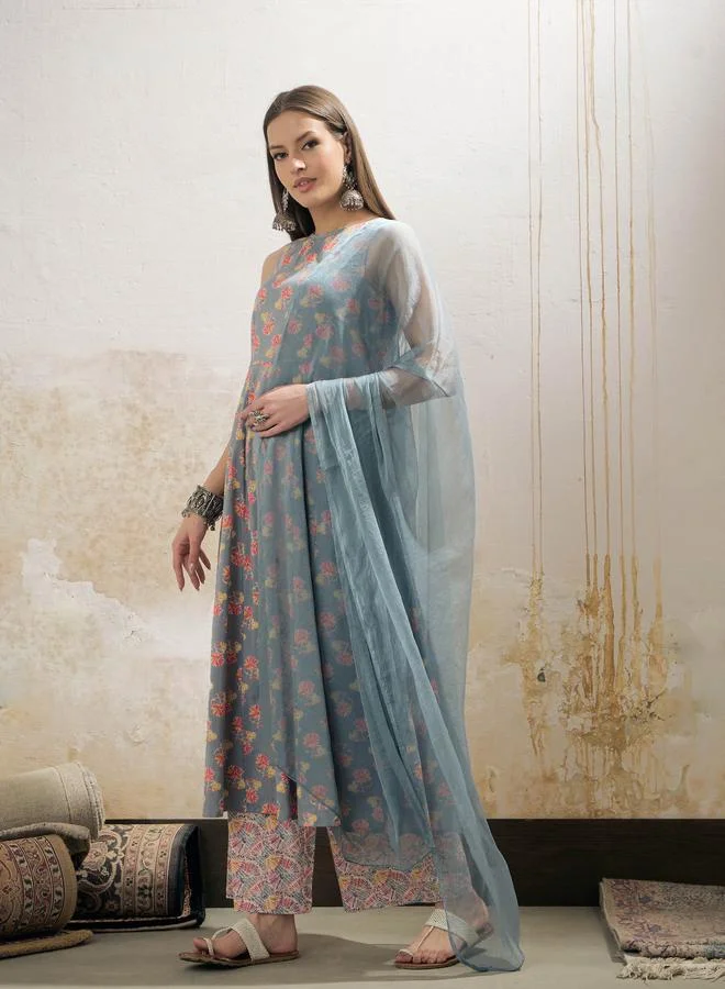 SASSAFRAS SASSAFRAS Grey Floral Sleeveless Kurta with Pencil Pants and Dupatta Set