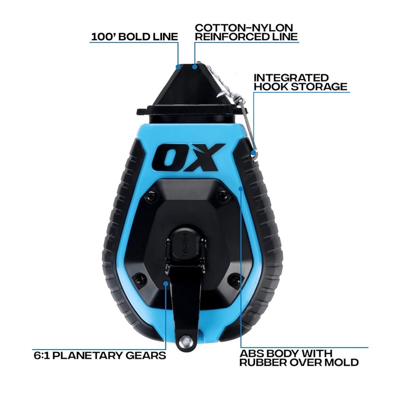 OX Pro 100ft Chalk Line ABS Plastic with Rubber Grip with Chalk Powder 4oz - 6:1 Gear Ratio with Cotton Nylon Standard Bold Line Pointed Tip Chalk Line Tool Chaclain Para Construccin - Image 2