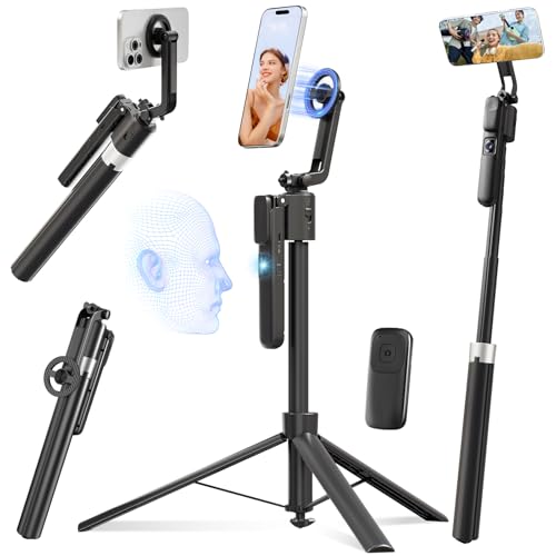 DMYWB Magnetic Auto Face Tracking Tripod for iPhone that Follows Your Movement 71 Portable Selfie Stick Tripod with Remote 360 Rotation Magnetic Phone Tripod Stand for Vlogging Travel Video Recording - Image 1