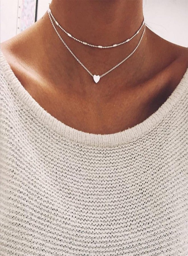 Aimimier Bohemia Layered Choker Necklace Heart Necklace Disc Choker Heart Disc Pendant Necklace Multilayer Station Chain for Women(Silver) - Image 2