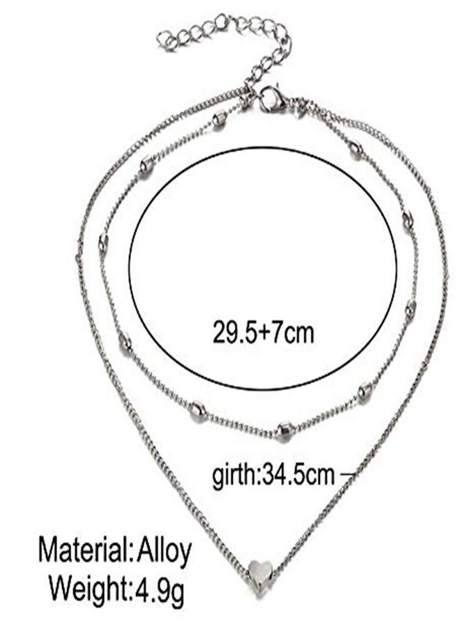 Aimimier Bohemia Layered Choker Necklace Heart Necklace Disc Choker Heart Disc Pendant Necklace Multilayer Station Chain for Women(Silver) - Image 4