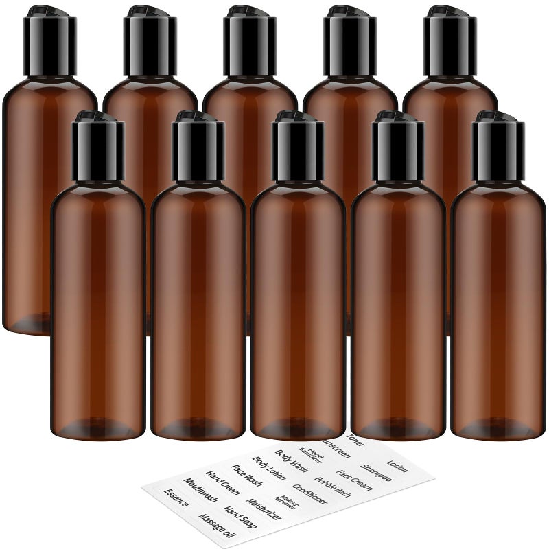 TUZAZO 10 Pack 3.4 oz Amber Plastic Travel Bottles for Toiletries TSA Approved Leakproof Travel Size Containers Empty Small Plastic Shampoo Lotion Bottles with Labels - Image 1
