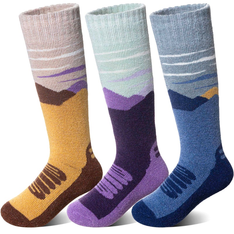 SEEYAN Kids Merino Wool Ski Socks Boys Girls Thermal Warm Boot Thick Winter 3 Pairs Cozy Socks For Skiing & Snowboarding, Purple/Blue/Brown, 4-7 Years - Image 1