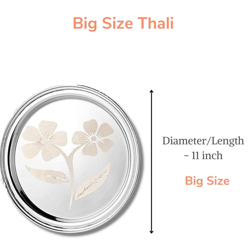 ZOVUTA Stainless Steel Flower Design Dinner PlateThali 27 cm Set of 4 Silver Ultra Heavy RoundGreat for Camping Kids Lunch Steel Dinner Plate Dinnerware SetTrays Great Camping Kids Lunch - Image 2