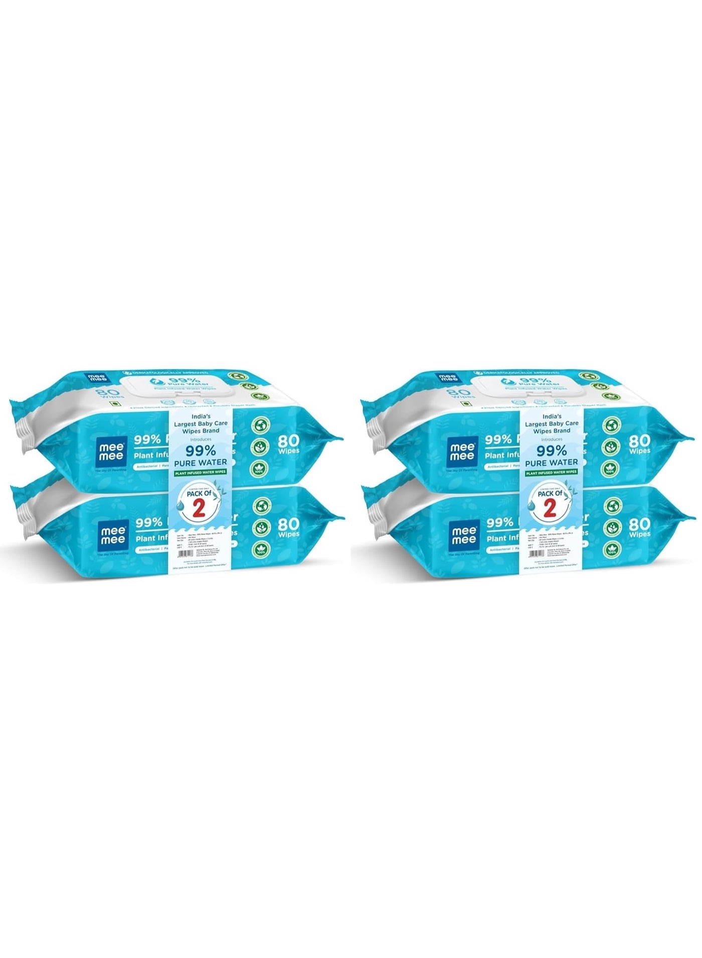Mee Mee Pure Water Wet Wipes 80 Count x 4 Pack 320 Wipes | Unscented, Plant-Derived, Thick & Soft Baby Wipes | Gentle for Newborn & Sensitive Skin with Lid